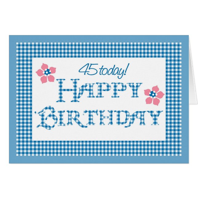 45. Geburtstag, Blue Karo Gingham Pattern (Vorderseite (Horizontal))