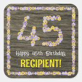 45. Geburtstag: Blumennummer, Imitate Holzbild, Na Quadratischer Aufkleber (Vorderseite)