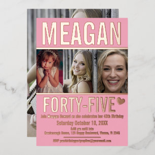 45. Geburtstag drei Fotos weiches Rosa und Rose Go Folieneinladung