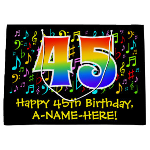 45. Geburtstag - Farbige Musiksymbole, Regenbogen  Große Geschenktüte