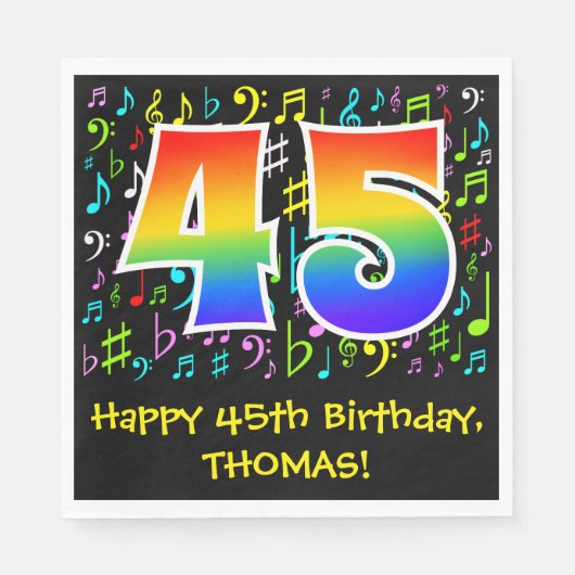 45. Geburtstag - Farbige Musiksymbole, Regenbogen Serviette (Vorderseite)