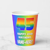45. Geburtstag: Farbiges, lustiges Regenbogenmuste Pappbecher (Rückseite)