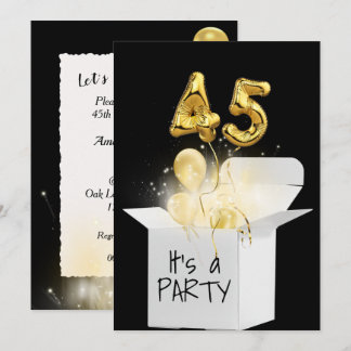45. Geburtstag Gold Ballons in weißer Box Einladung