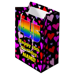 45. Geburtstag: Loving Hearts Pattern, Regenbogen  Mittlere Geschenktüte