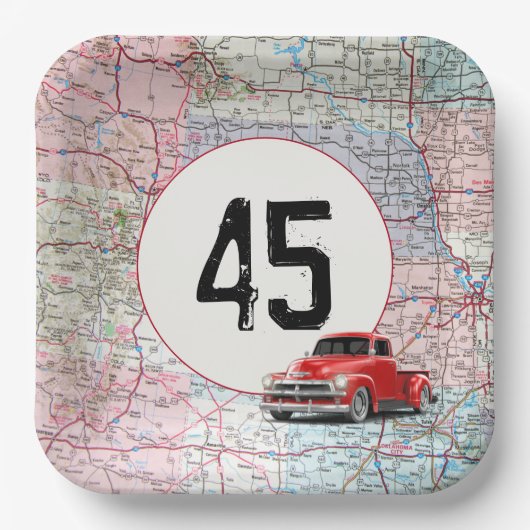 45. Geburtstag Red Retro Truck auf Roadmap Pappteller (Vorderseite)