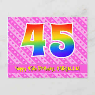 45. Geburtstag: Rosa Streifen & Herzen, Regenbogen Postkarte