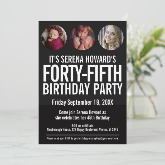 45. Geburtstag Schwarz-weißes Foto Einladung (Stehend Vorderseite)