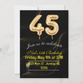 45. Geburtstag schwarze und goldene Ballonnummern Einladung (Vorderseite)