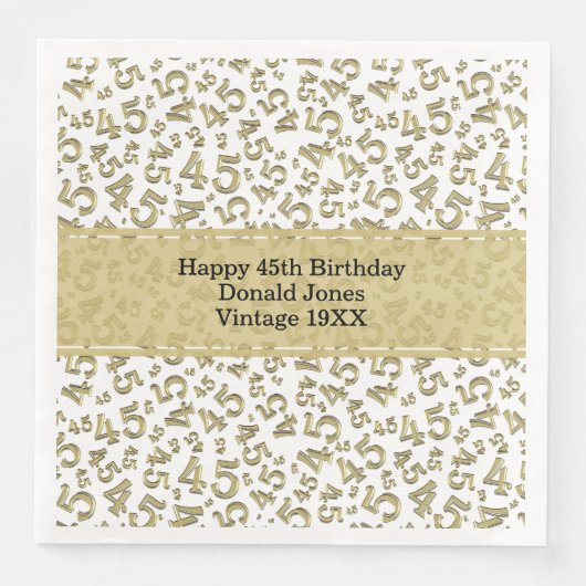 45. Geburtstag Zahlenmuster Gold/Weiß Serviette (Vorderseite)