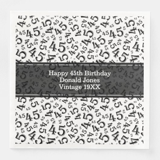 45. Geburtstag Zahlenmuster Schwarz/Weiß Serviette (Vorderseite)
