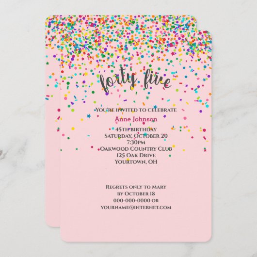 45. Geburtstagsparty Konfetti Einladung (Vorne/Hinten)