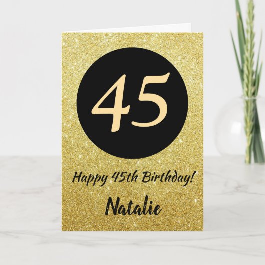 45. Happy Birthday Black and Gold Glitzer Card Karte (Vorderseite)