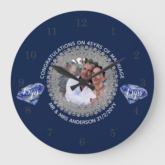 45. Hochzeitstag - ADD FOTO Sapphire Blue Große Wanduhr (Vorderseite)