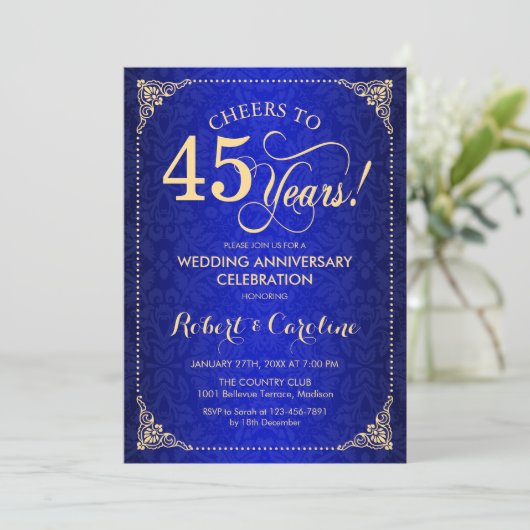 45. Hochzeitstag - Blue Gold Damask Einladung (Stehend Vorderseite)