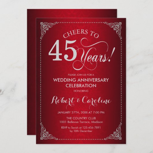 45. Hochzeitstag - Red Silver Damask Einladung (Vorne/Hinten)