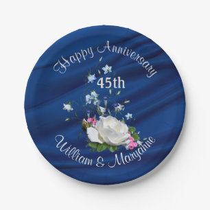 45. Jahrestags-Party-weißes Rosen-Saphir-Blau Pappteller