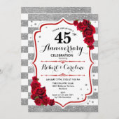 45. Jubiläum - Silberweiße Rote Rosen Einladung (Vorne/Hinten)