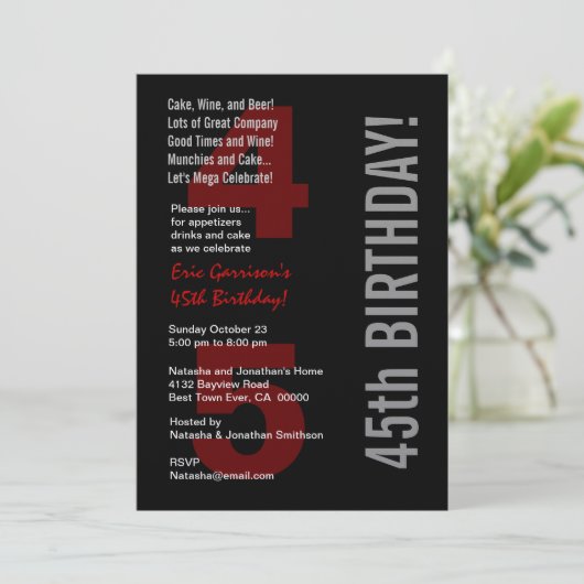 45. Modern Birthday Schwarz-weiß Red Metallic Einladung (Stehend Vorderseite)