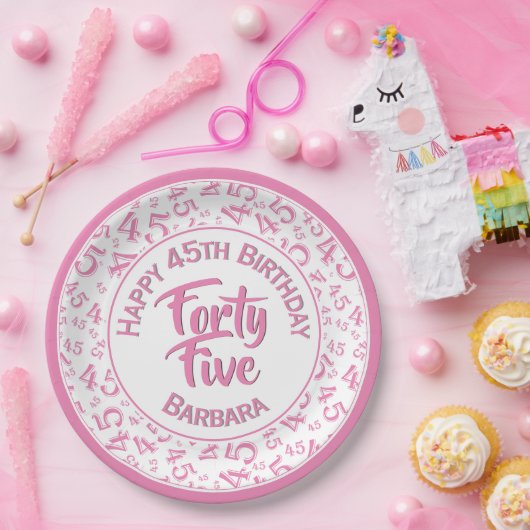 45. Random Zahlenmuster Rosa/Weiß Pappteller (Party)