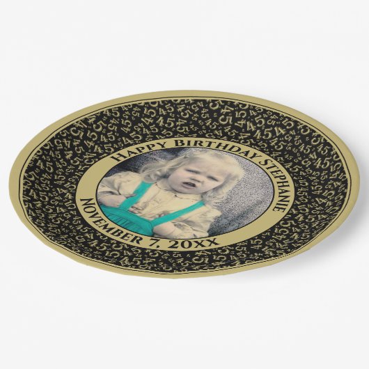 45 Your Photo Random Number Pattern Black/Gold Pappteller (Schrägansicht)