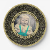 45 Your Photo Random Number Pattern Black/Gold Pappteller (Vorderseite)