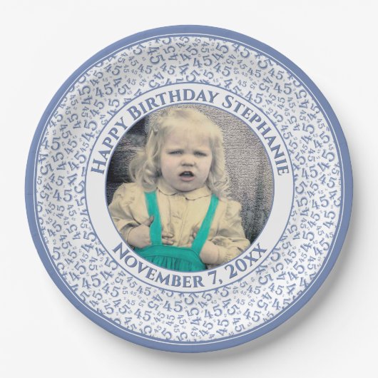 45 Your Photo Random Number Pattern Blue/White Pappteller (Vorderseite)