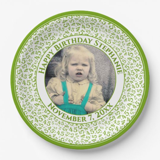 45 Your Photo Random Number Pattern Green/White Pappteller (Vorderseite)