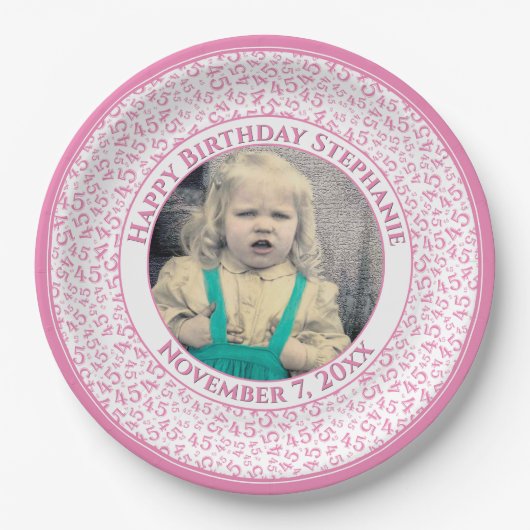 45 Your Photo Random Number Pattern Pink/White Pappteller (Vorderseite)