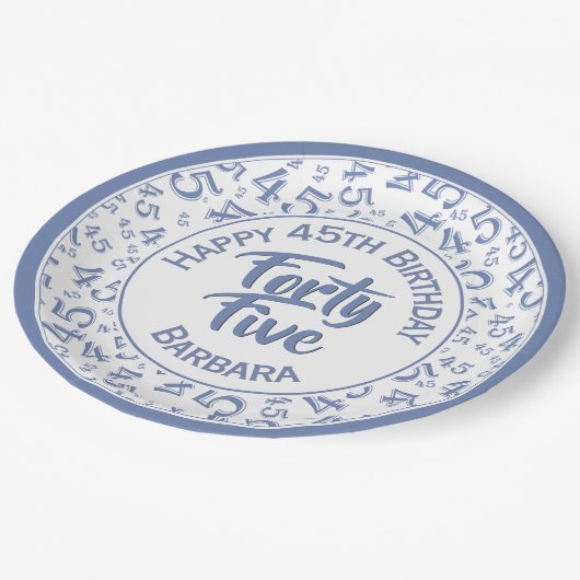 45. Zufallszahlenmuster Blau/Weiß Pappteller (Schrägansicht)