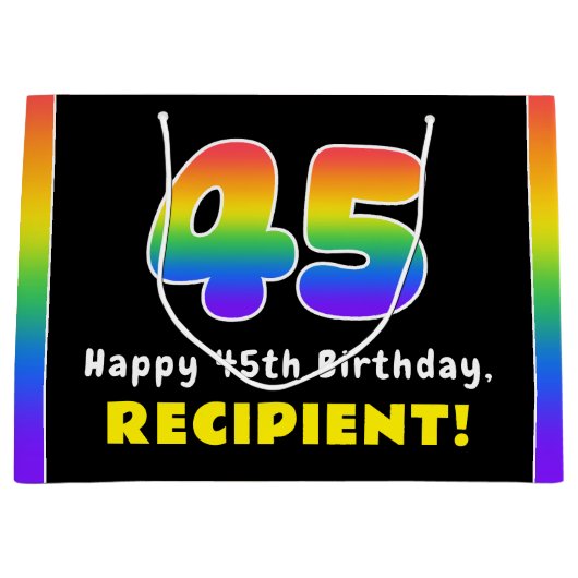 45th Birthday: Colorful Rainbow # 45, Custom Name Große Geschenktüte (Vorderseite)