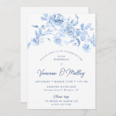 45th Birthday Party Dusty Blue Floral Einladung (Vorne/Hinten)