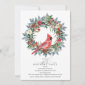 45th Birthday Party Red Cardinal Winter Wreath Einladung (Vorderseite)