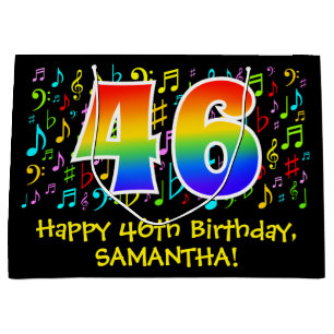 46. Geburtstag - Farbige Musiksymbole, Regenbogen  Große Geschenktüte