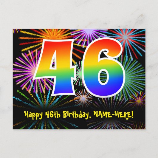 46. Geburtstag - Fun Fireworks Pattern + Regenboge Postkarte (Vorderseite)