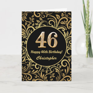 46. Geburtstag Schwarz und Gold Floral Muster Karte