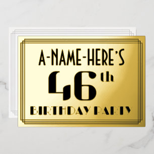 46. Geburtstagsfeier: Art Deco-Look „46“ und Name Folieneinladung