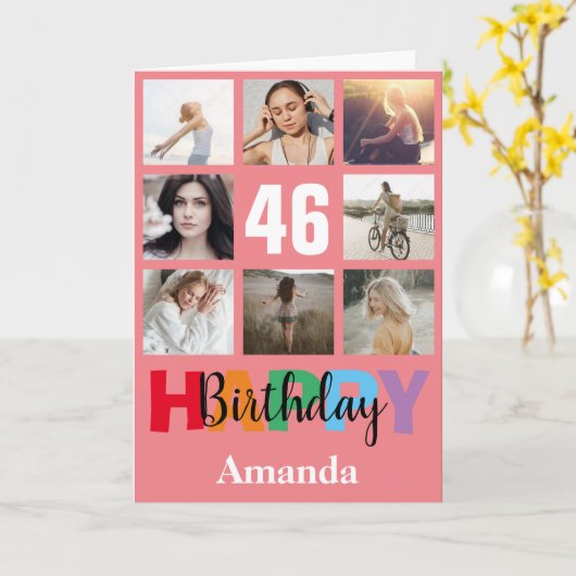 46. Happy Birthday Foto Collage Moderne rosa Karte (Gelbe Blume)