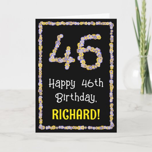 46th Birthday: Floral Flowers Number, Custom Name Karte (Vorderseite)