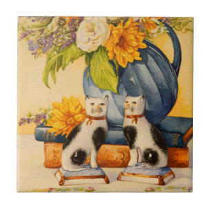 4776 Porzellan-Katzen mit blauem Krug Fliese