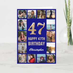 47. Happy Birthday Navy Blue & Gold Foto Collage Karte