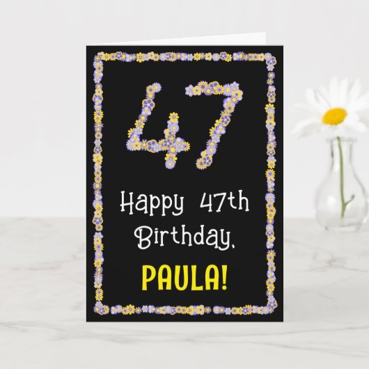 47th Birthday: Floral Flowers Number, Custom Name Karte (Kleine Pflanze)