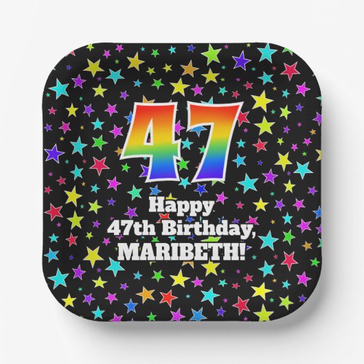 47th Birthday: Fun Stars Pattern and Rainbow “47” Pappteller (Vorderseite)