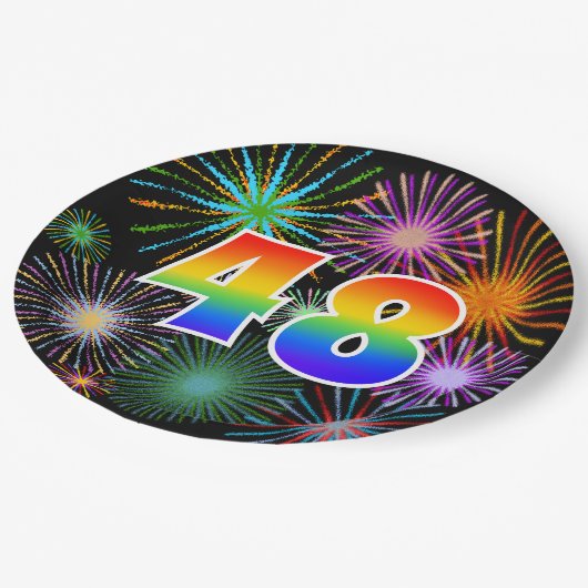 48. Event - Spaß, farbenfroh, kühl, Regenbogen 48 Pappteller (Schrägansicht)
