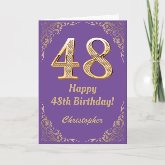 48. Geburtstag Lila und Gold Glitzer Frame Karte (Vorderseite)