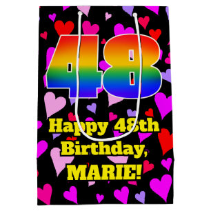 48. Geburtstag: Loving Hearts Pattern, Regenbogen Mittlere Geschenktüte