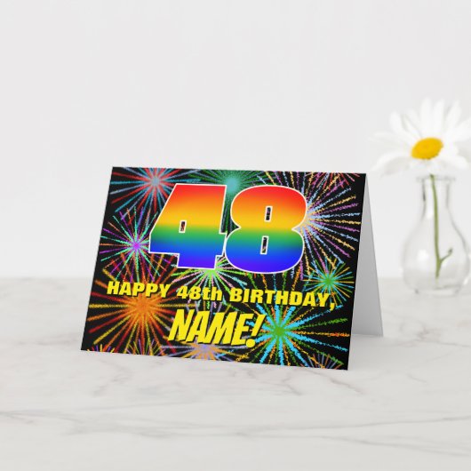 48. Geburtstag: Spaß, bunte feierliche Feuerwerke Karte (Kleine Pflanze)