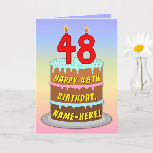 48th Birthday — Fun Cake & Candles, w/ Custom Name Karte (Kleine Pflanze)
