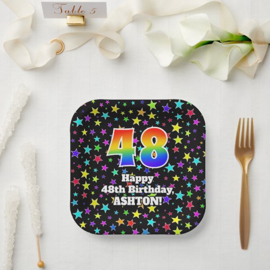 48th Birthday: Fun Stars Pattern and Rainbow 48 Pappteller (Hochzeit)
