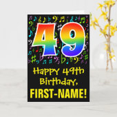 49. Geburtstag: Farbige Musiksymbole + Regenbogen Karte (Gelbe Blume)
