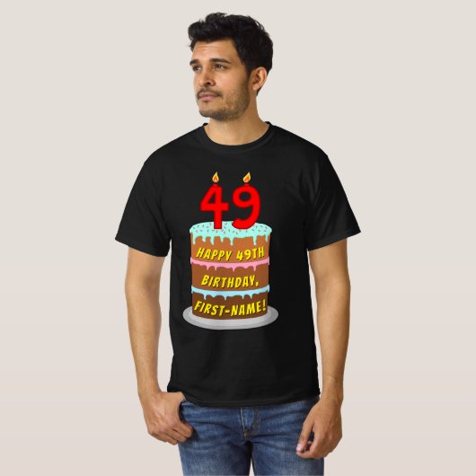 49th Birthday — Fun Cake & Candles, w/ Custom Name T-Shirt (Vorne ganz)
